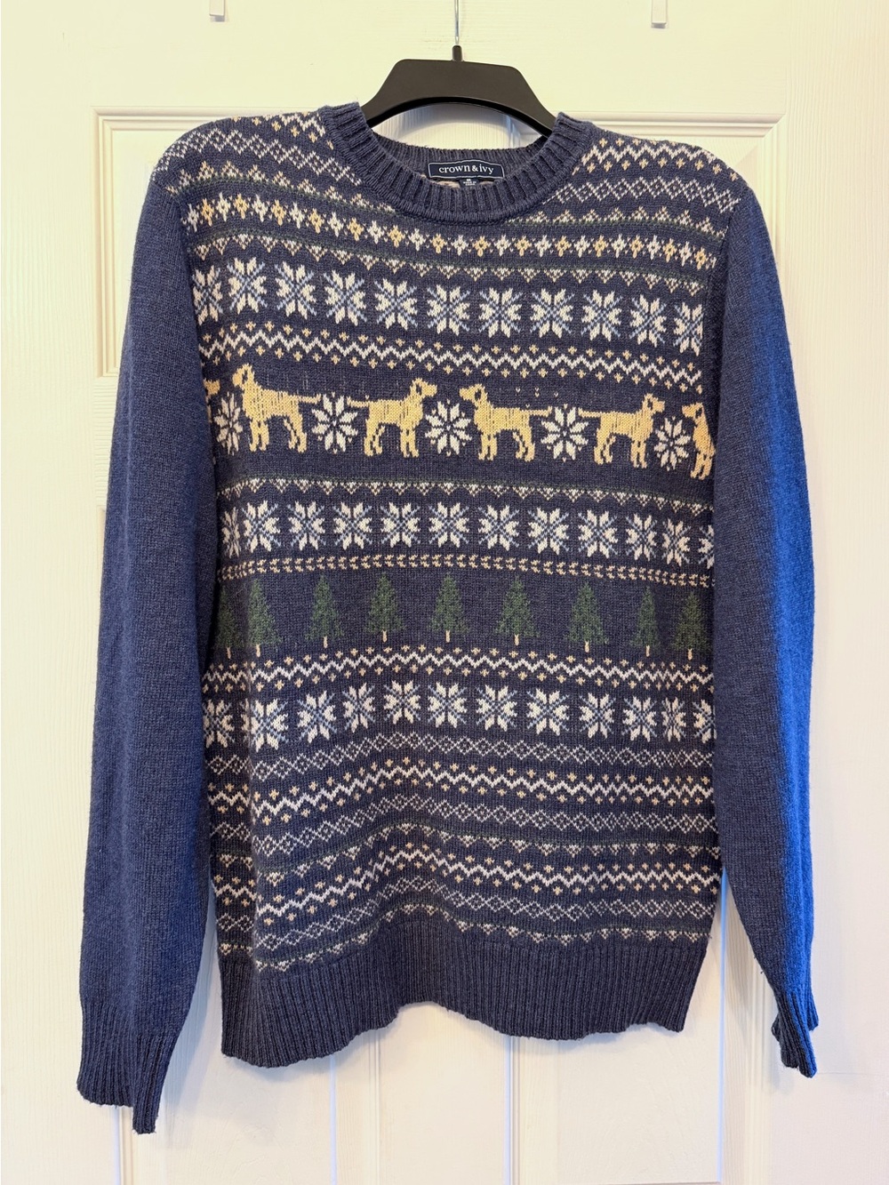 crown & ivy Navy Blue Fair Isle Crewneck Sweater with Yellow Dog Motif